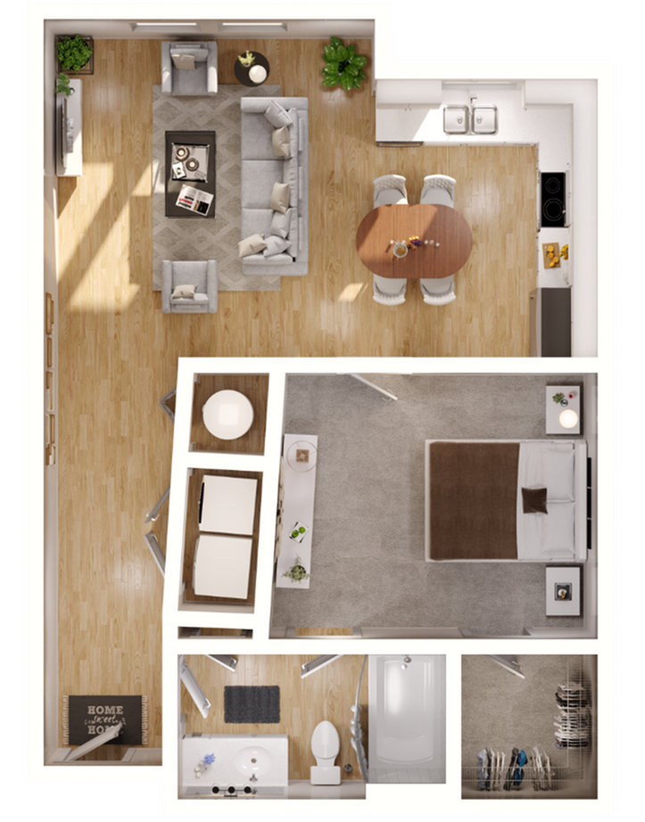 Stylish 3D layout of a one-bedroom apartment featuring an open-plan living area, modern kitchen, and cozy bathroom.
