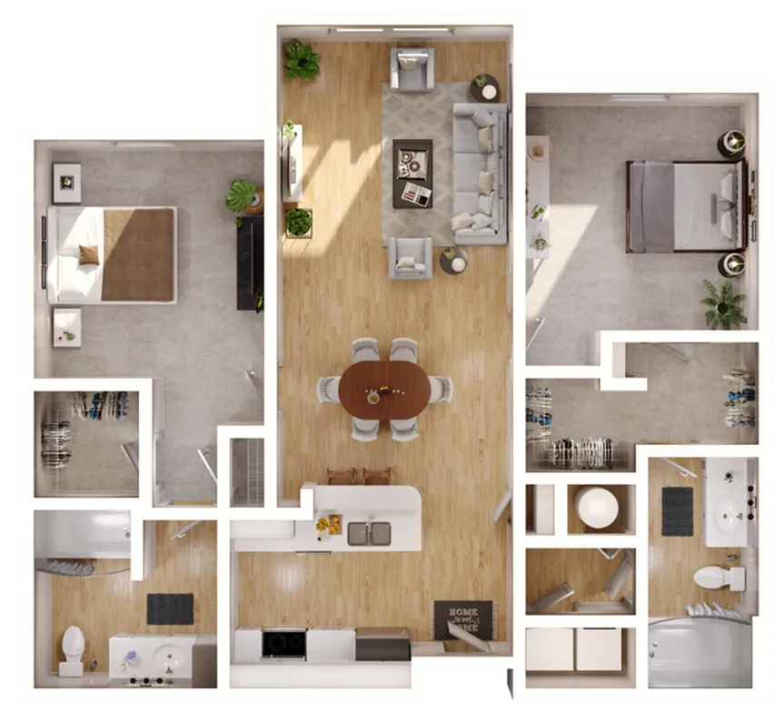 Contemporary apartment floor plan with two bedrooms, inviting living room, and modern kitchen.
