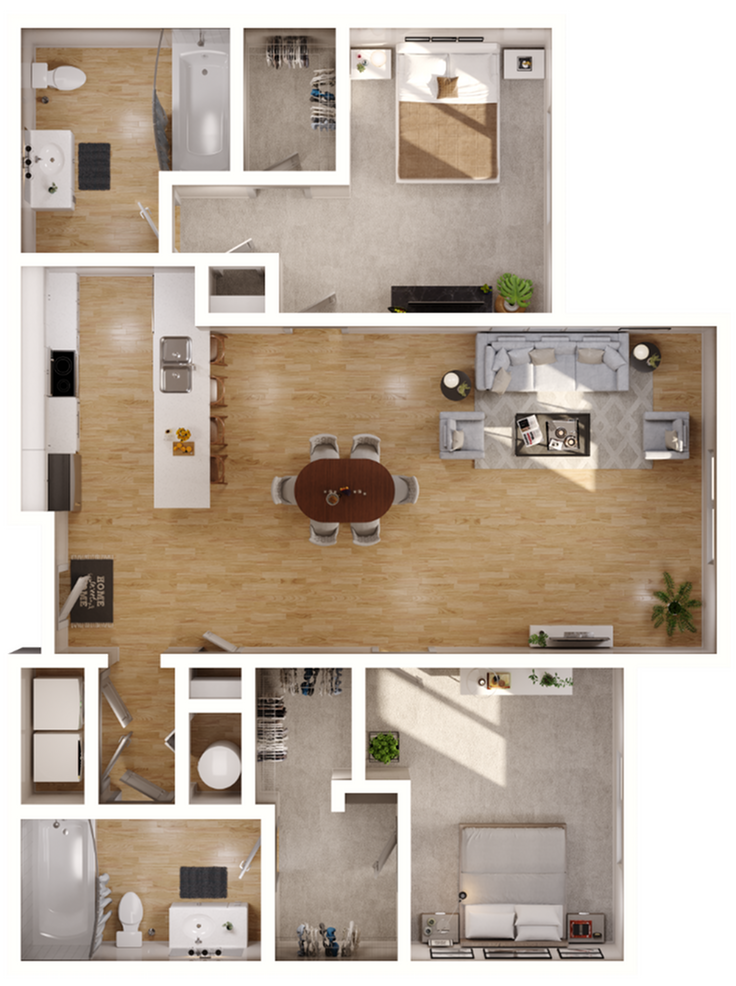 Elegant floor plan featuring 2 bedrooms, open-concept living and dining area with modern kitchen.