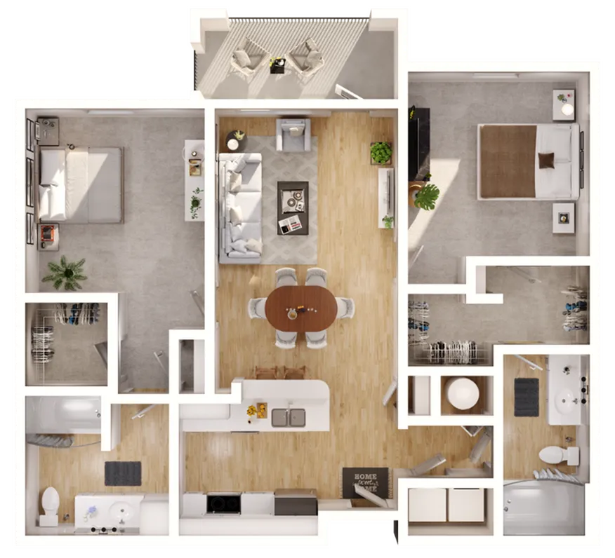 Intuitive 2D floor plan of a modern apartment featuring 2 bedrooms, an open living-dining area, and a contemporary kitchen.