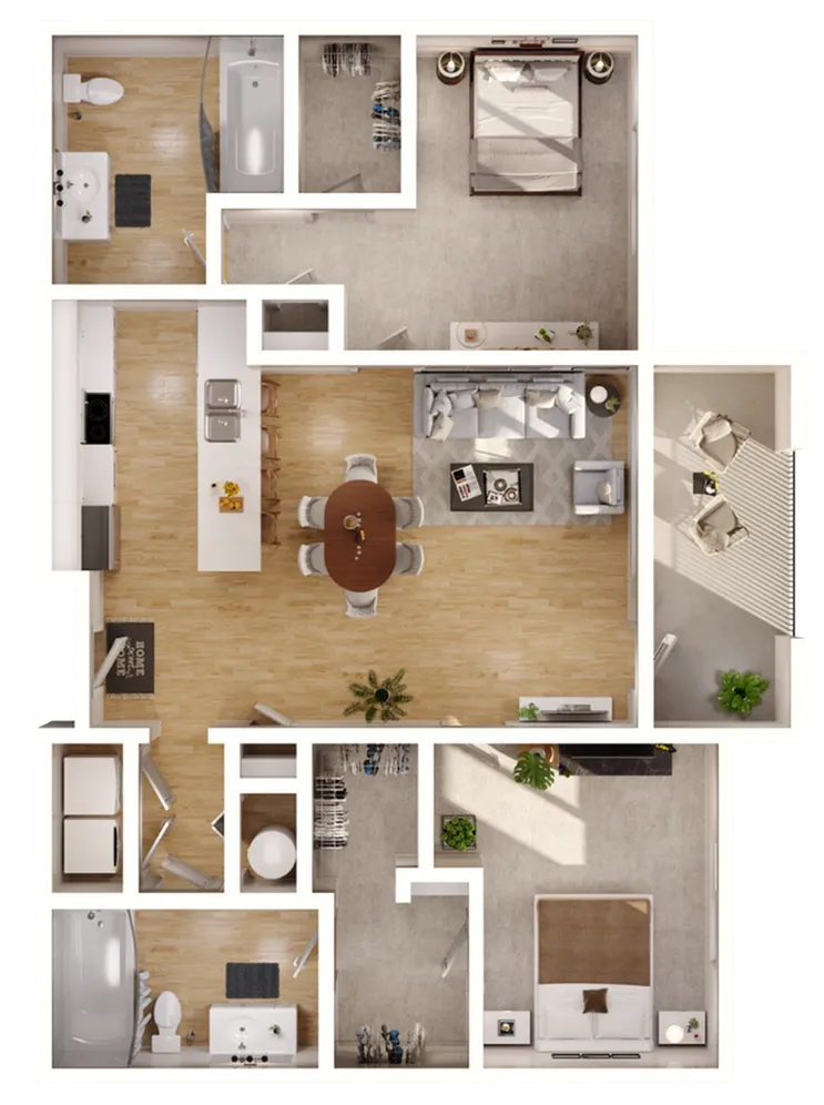 Contemporary 2D floor plan with two bedrooms, open living area, and balcony.