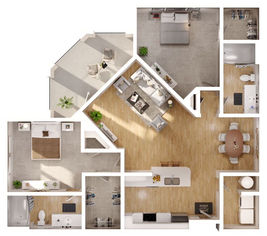Stylish 3D floor plan featuring two bedrooms, an open-concept living area, and a modern kitchen.