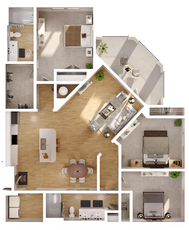 Chic apartment floor plan featuring 3 bedrooms, an open-plan kitchen and living area, and a sunlit balcony.