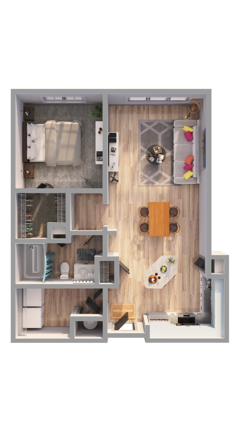Modern floor plan with a spacious bedroom, open living area, and kitchen, featuring contemporary design.