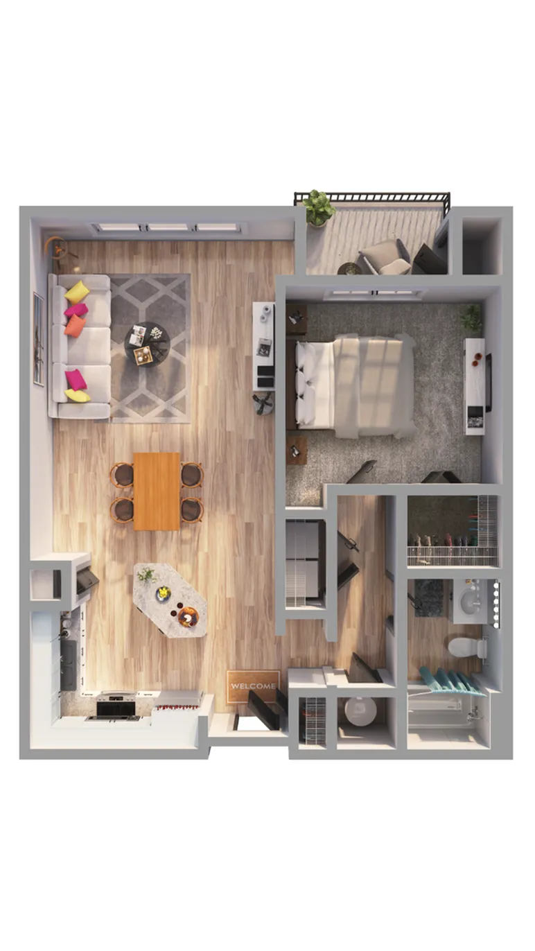 Chic apartment floor plan showcasing 1 bedroom, open living space, modern kitchen and a stylish bathroom.