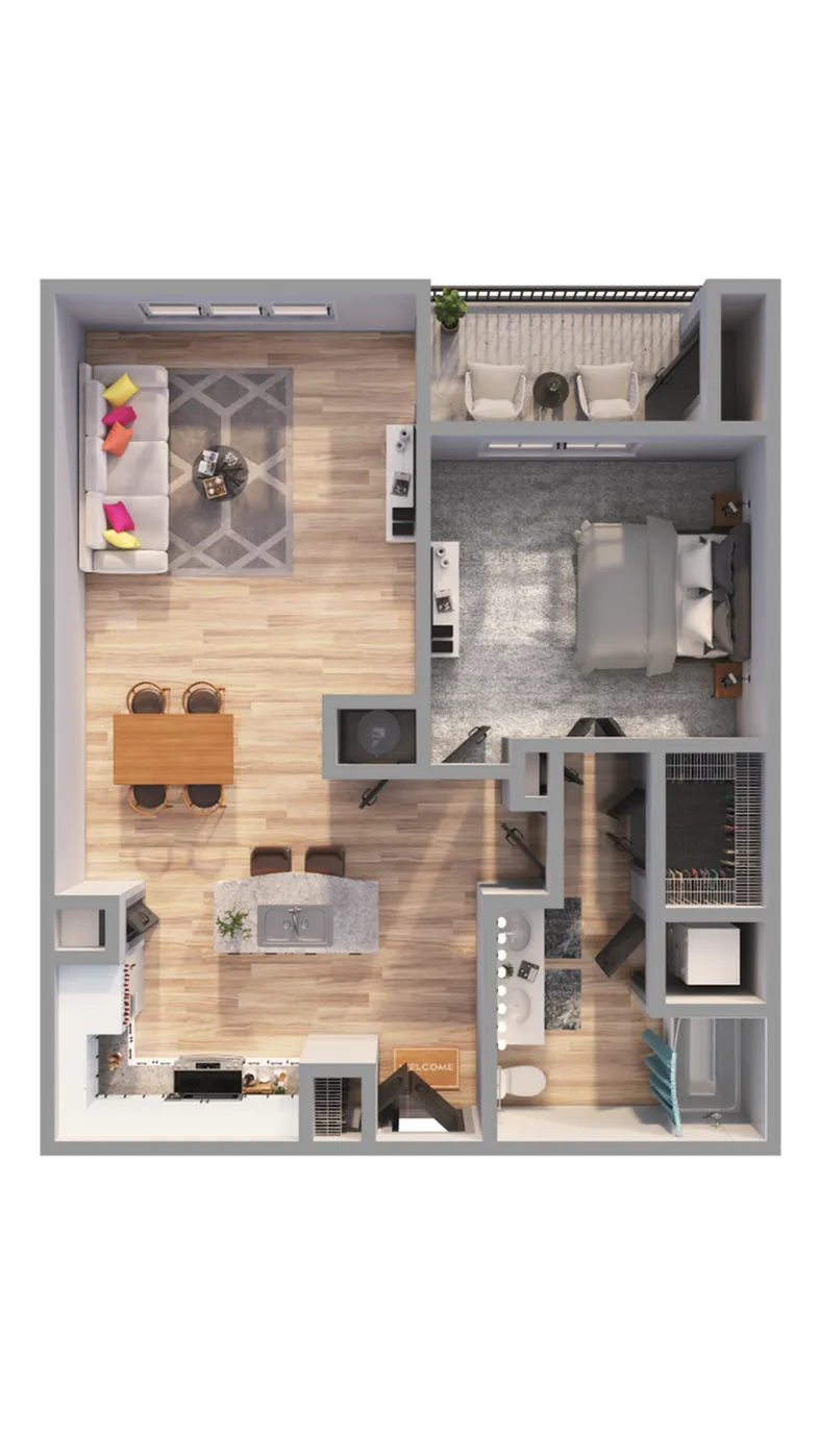 Contemporary 1-bedroom apartment floor plan with open kitchen, living room, and balcony area.