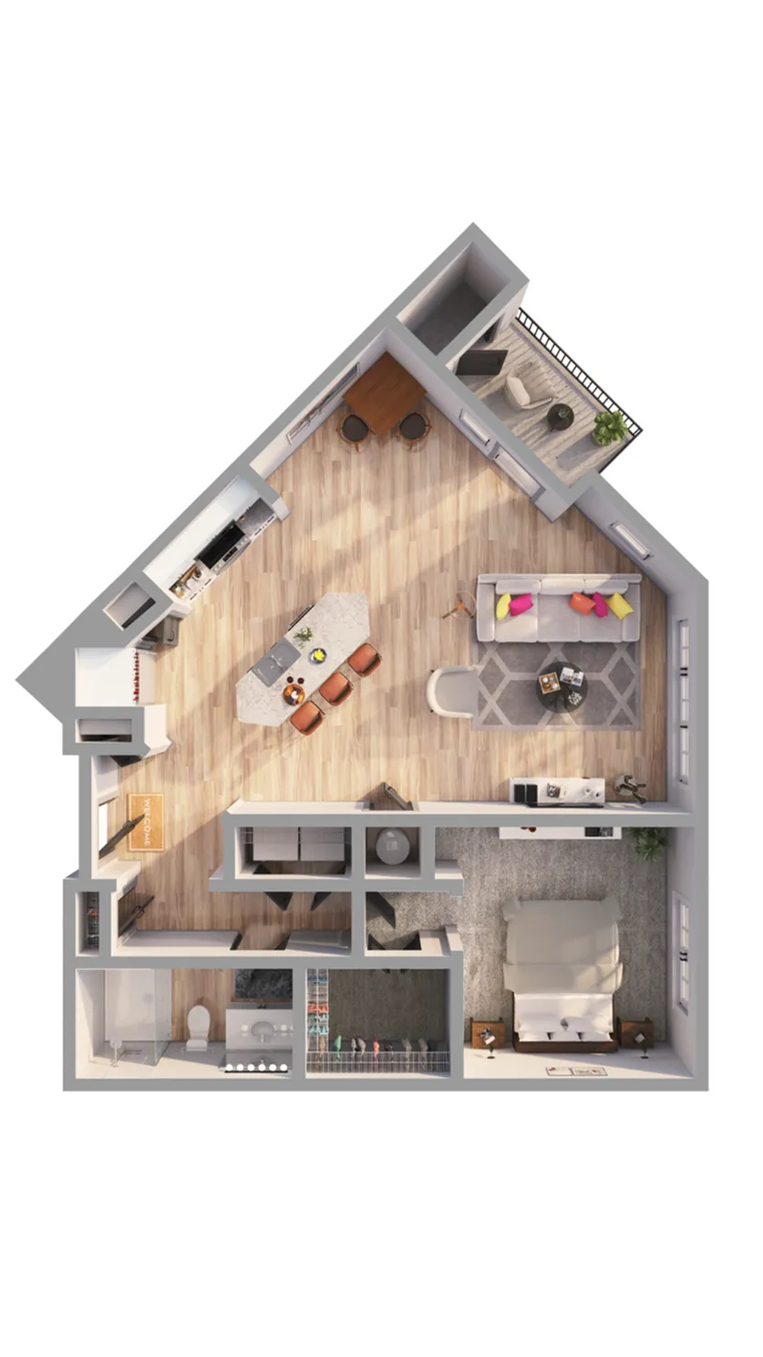 3D floor plan showcasing a modern apartment with an open-concept living area, kitchen, spacious bedroom, and balcony.
