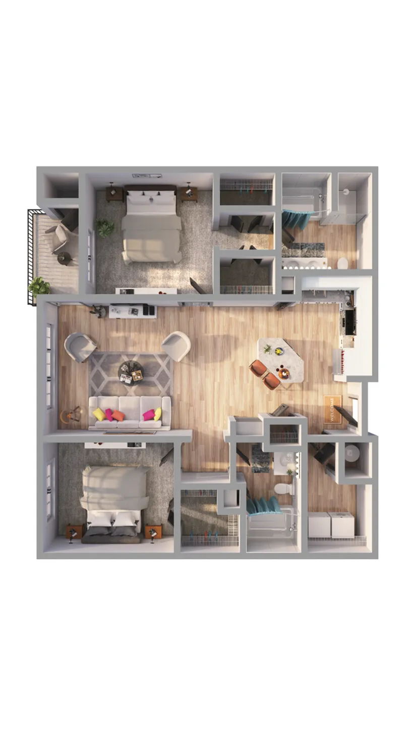 3D floor plan with 2 spacious bedrooms, an airy living room, and a modern kitchen.