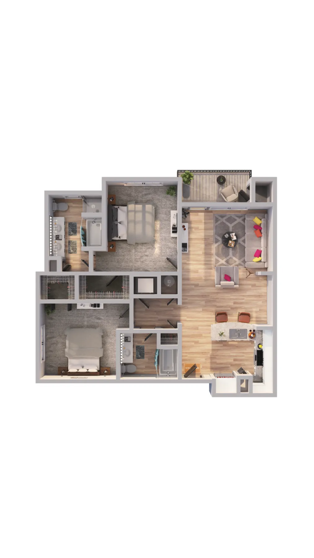 Modern 2D floor plan showcasing 2 bedrooms, a cozy living area, and a sleek kitchen.