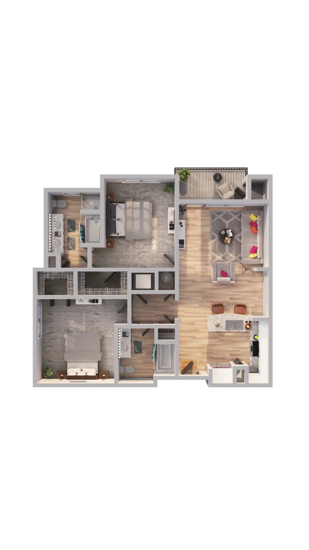 Stylish floor plan showcasing 2 bedrooms, open living area, and modern kitchen with balcony access.