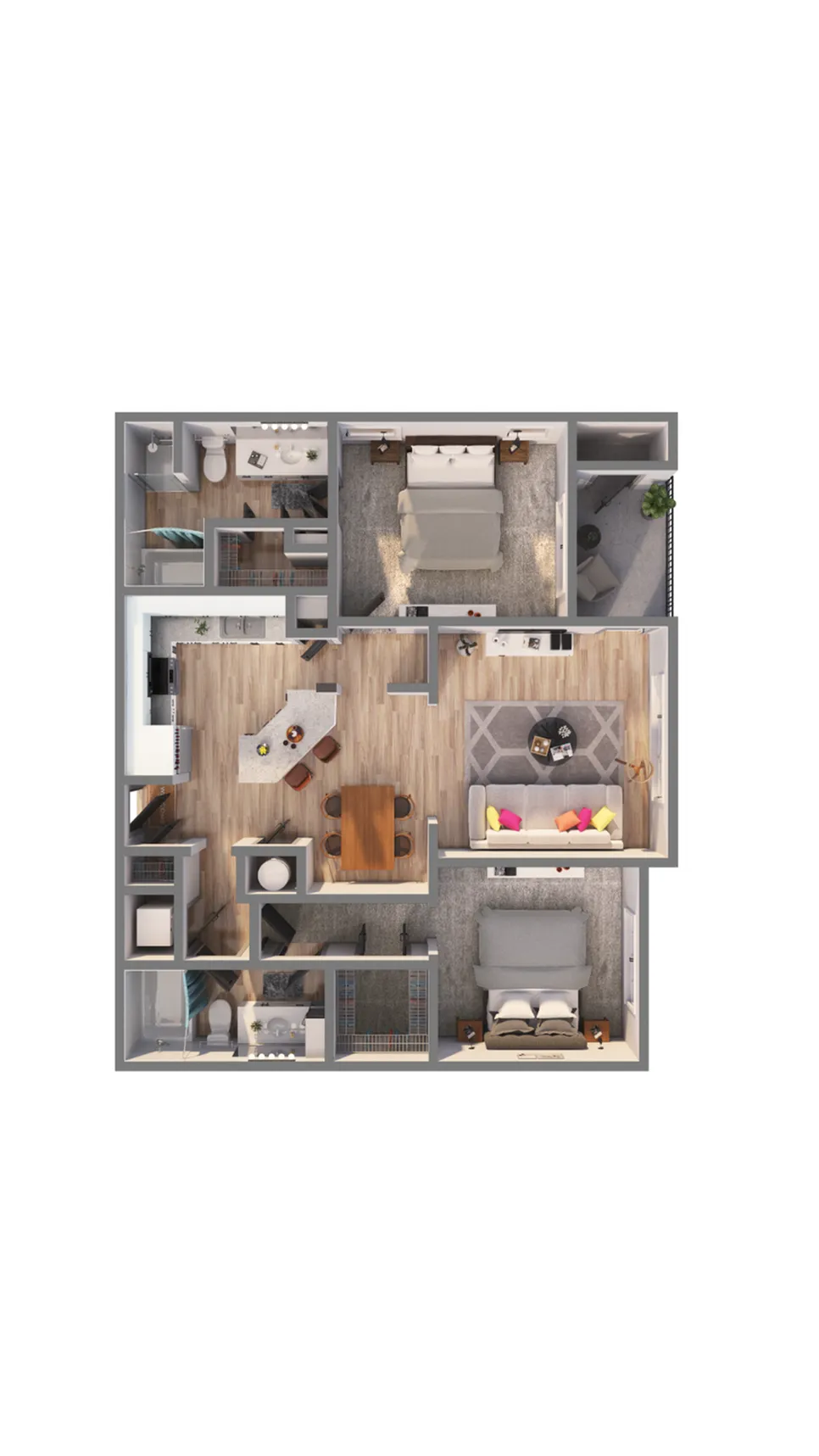 Contemporary 3D floor plan featuring two bedrooms, two bathrooms, open living area, and kitchen.