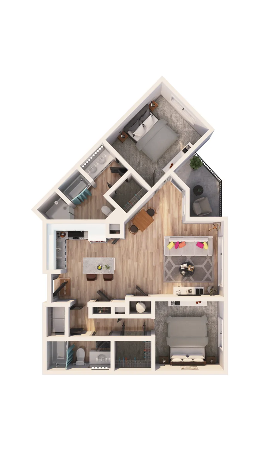 Elegant 3D floor plan showcasing two bedrooms, open-concept living area, and modern kitchen with balcony.