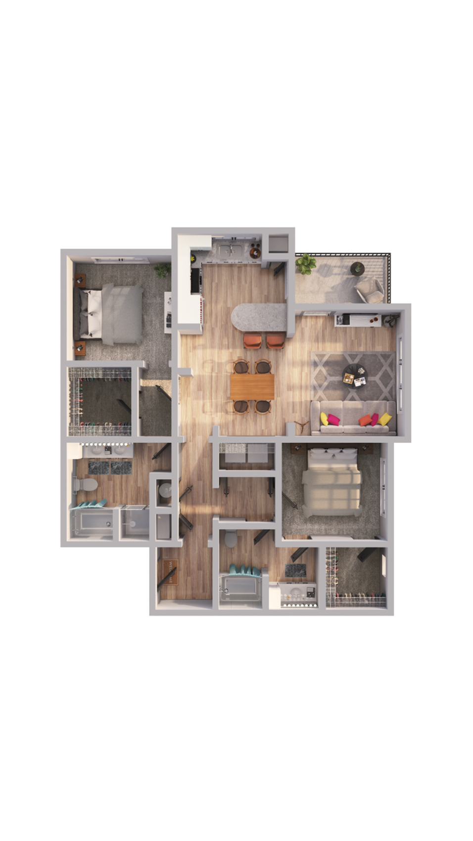 Contemporary floor plan with 2 bedrooms, open kitchen, dining area, and balcony.