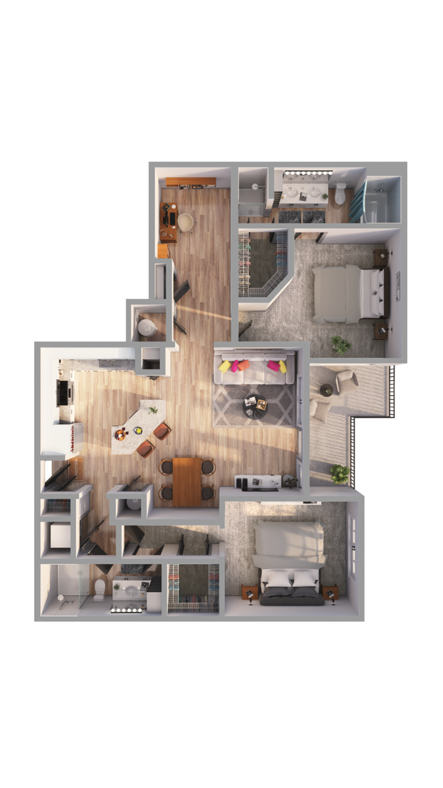 3D floor plan displaying two-bedroom apartment with open kitchen and living area.