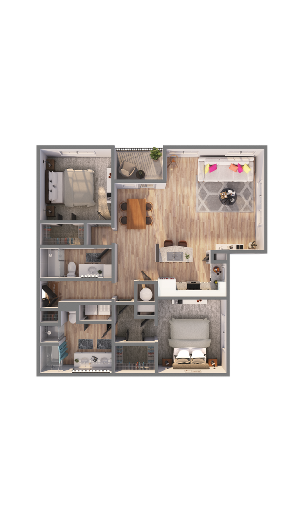 Elegant 3D floor plan featuring two bedrooms, a spacious living room, modern kitchen, and dining area.
