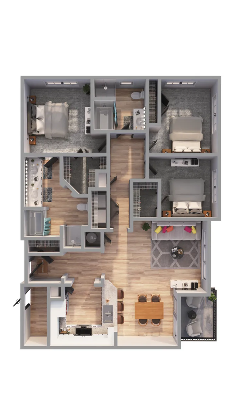 Elegant 3D floor plan showcasing three bedrooms, open living area, modern kitchen, and cozy balcony.