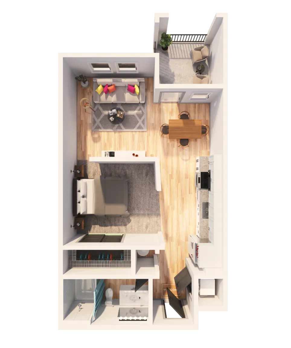 3D floor plan of a modern one-bedroom apartment with open living area, dining space, and balcony.