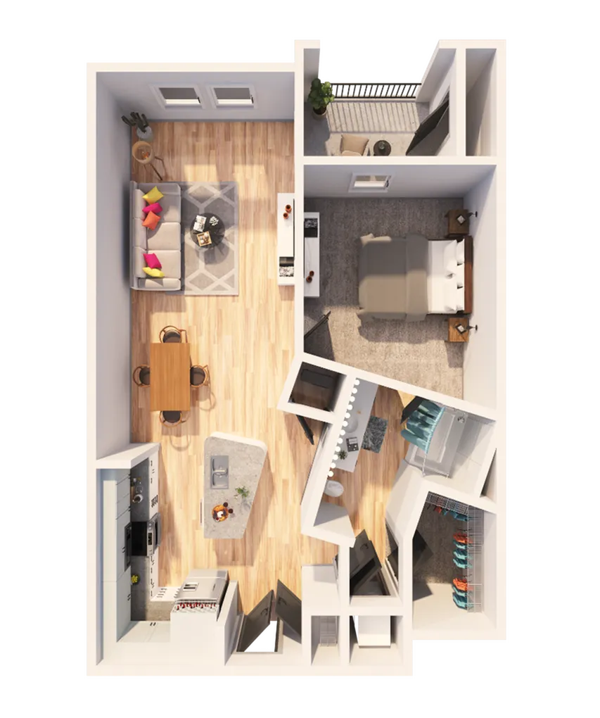 Modern floor plan layout featuring one bedroom, a stylish open-plan living and dining area, a sleek kitchen, and a cozy terrace.