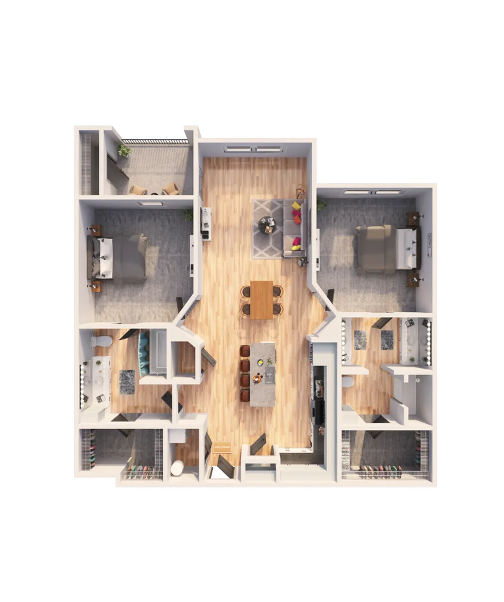 Intricate 3D floor plan featuring two bedrooms, a spacious living area, and a modern kitchen with island.
