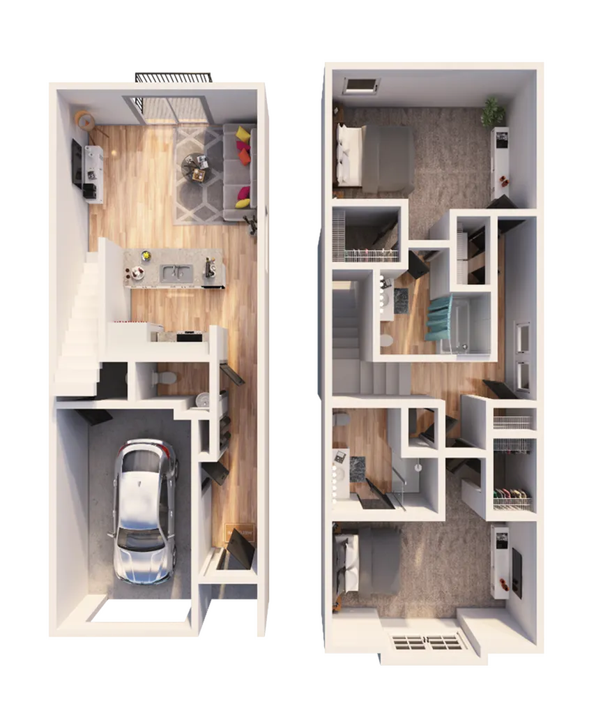 Elegant 3D floor plan showcasing a dual-level townhouse with garage, open-concept living area, and two bedrooms.