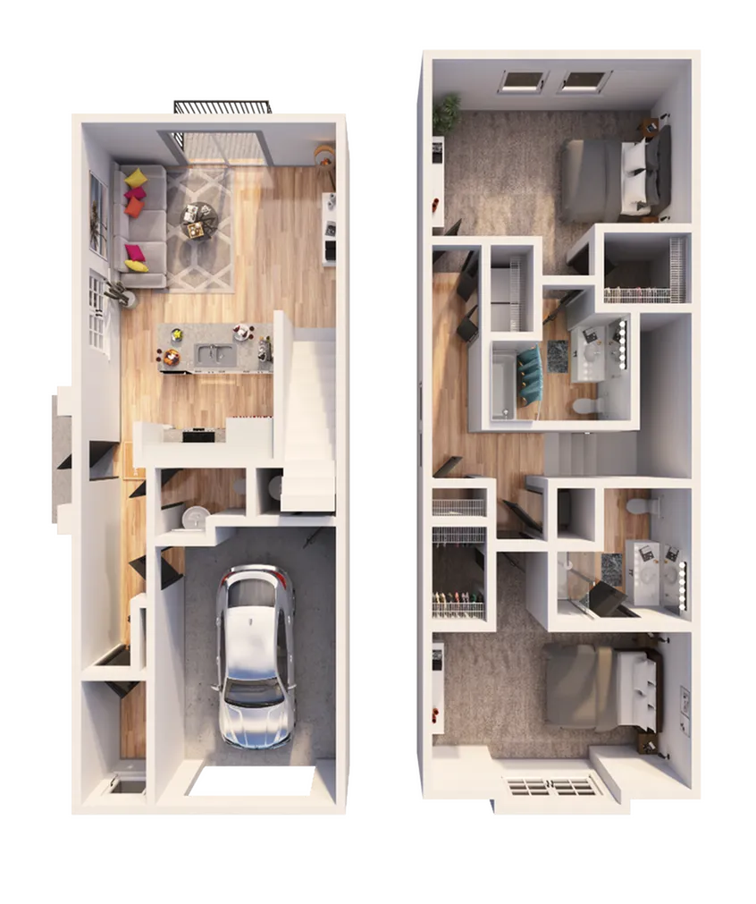 Elegant 3D floor plan of a duplex with a garage, open living area, and two spacious bedrooms.