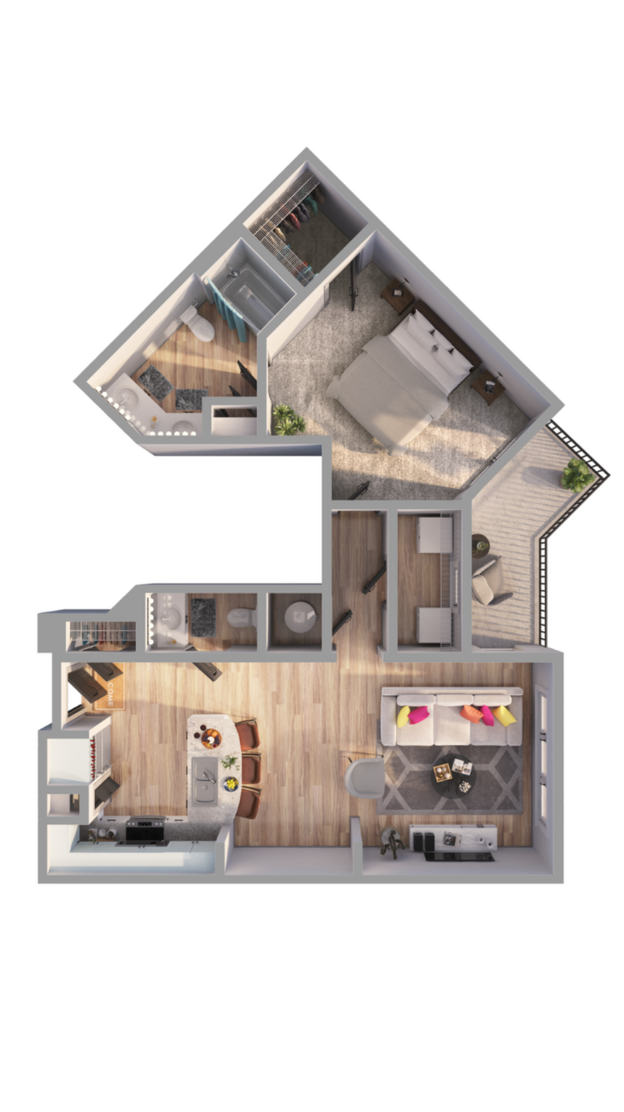 3D floor plan of an apartment featuring a bedroom, bathroom, kitchen, and open living space with modern design.