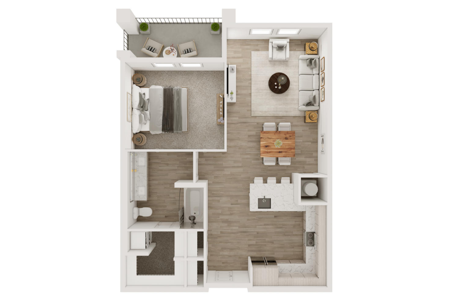 Charming 2D floor plan showcasing a one-bedroom apartment with an open living area and modern kitchen.