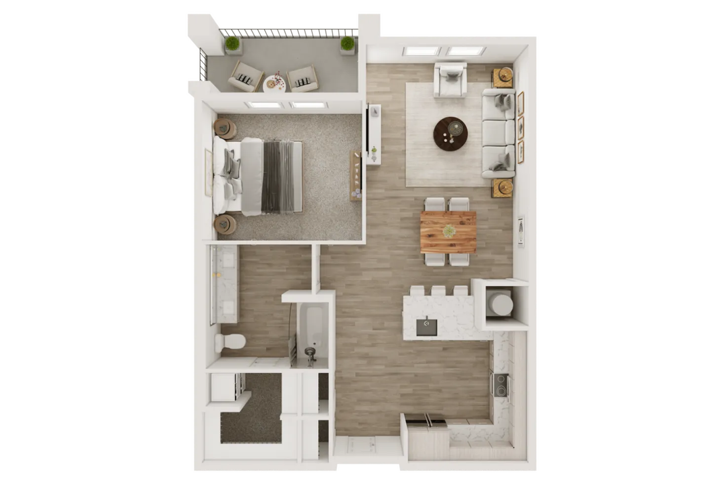 Stylish floor plan depicting one bedroom, a modern kitchen, spacious living area, and a charming balcony.