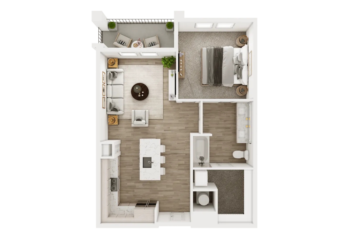 Aerial view of a one-bedroom apartment floor plan featuring a cozy living room, modern kitchen with an island, spacious bathroom, and private balcony.