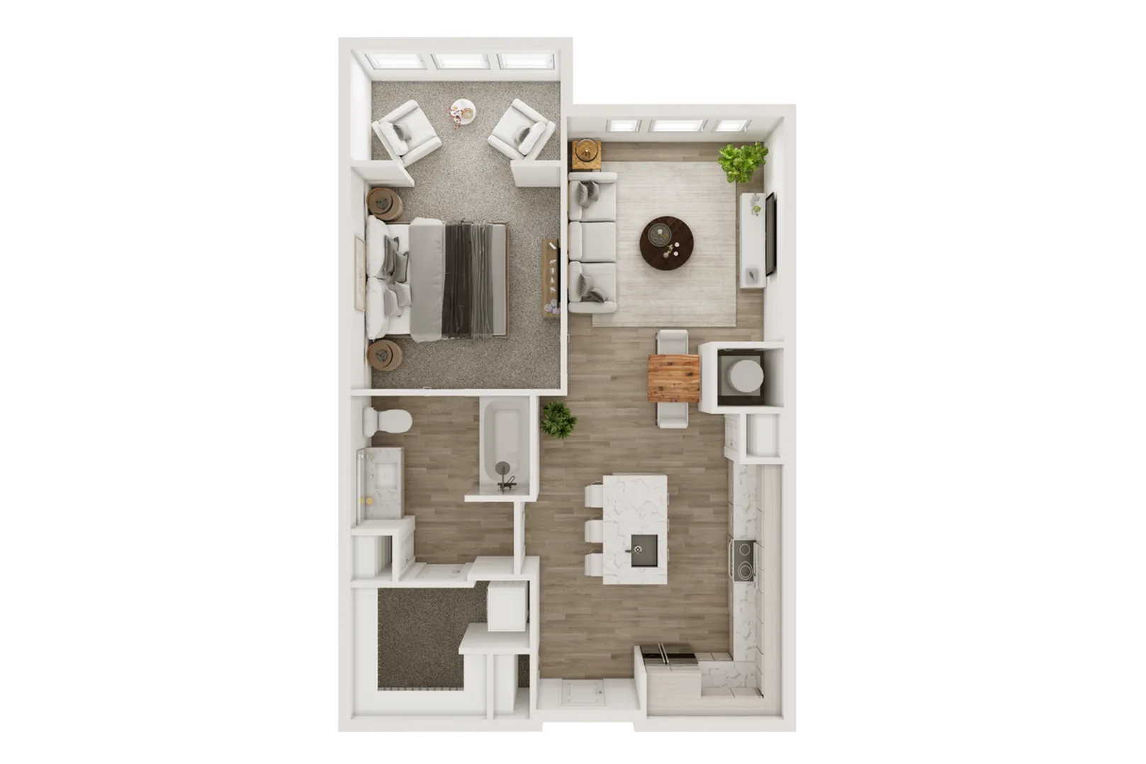 Contemporary 2D floor plan with one bedroom, open kitchen, living area, and bathroom.