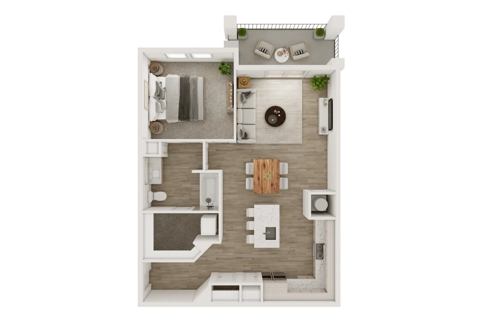 2D floor plan showcasing a sleek one-bedroom apartment with an open living area, modern kitchen, and cozy balcony.