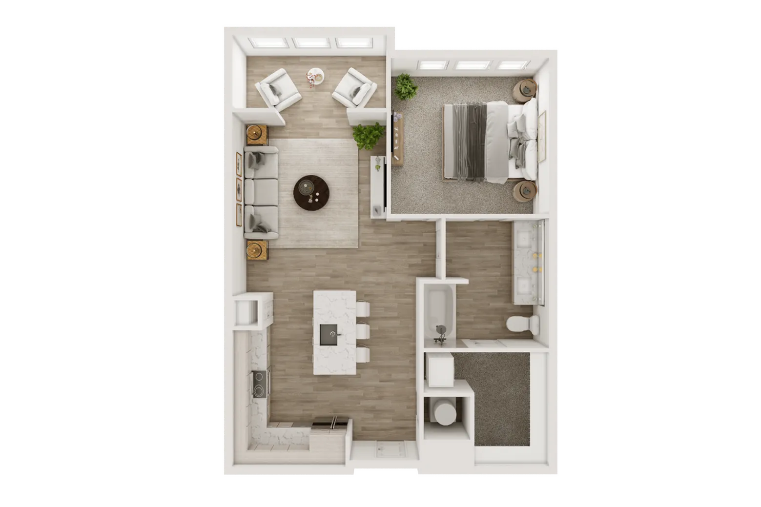 2D floor plan featuring one bedroom, an open living area, a modern kitchen, and a stylish bathroom.