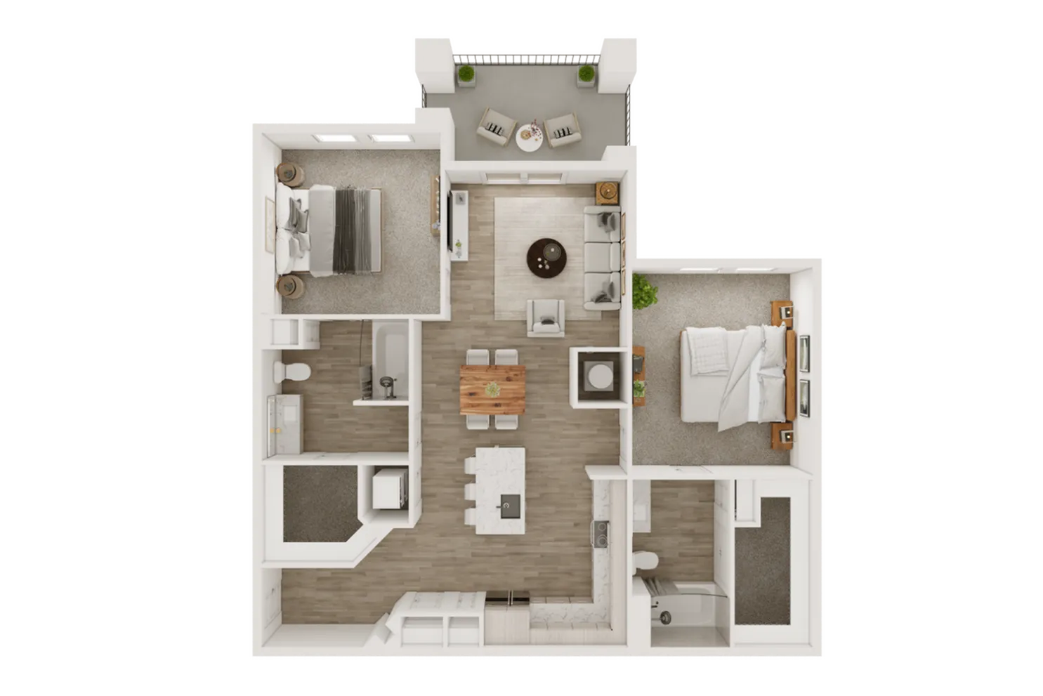 Detailed floor plan showcasing 2 bedrooms, an open kitchen, and a cozy living area with a balcony.