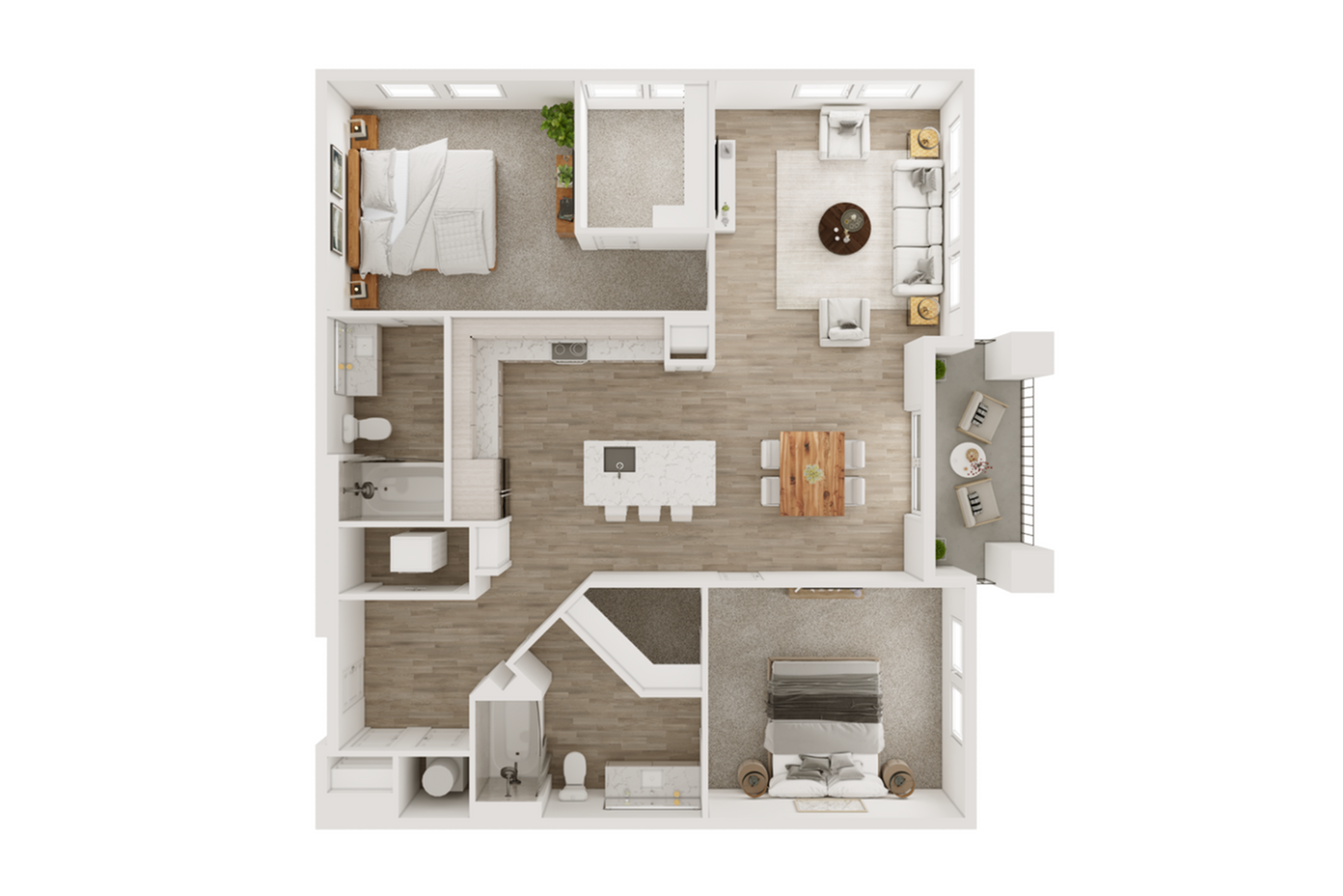 Detailed 2D floor plan with 2 bedrooms, open kitchen, dining area, and bright living space.