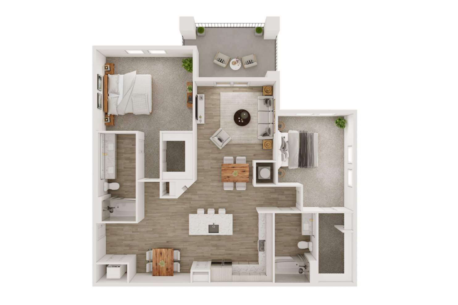 Chic 3D floor plan featuring two bedrooms, an open-concept living and dining area, and a modern kitchen.