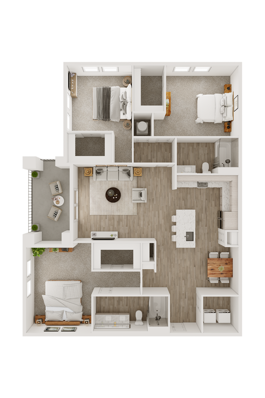 Elegant 3D floor plan showcasing three bedrooms, an open living area, and a modern kitchen with island seating.