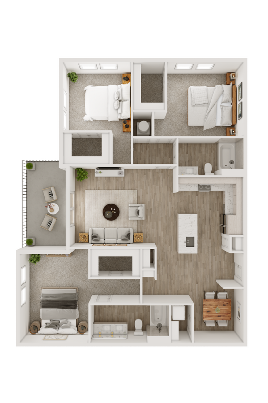 Spacious 2D floor plan with three bedrooms, an open living area, and a modern kitchen.