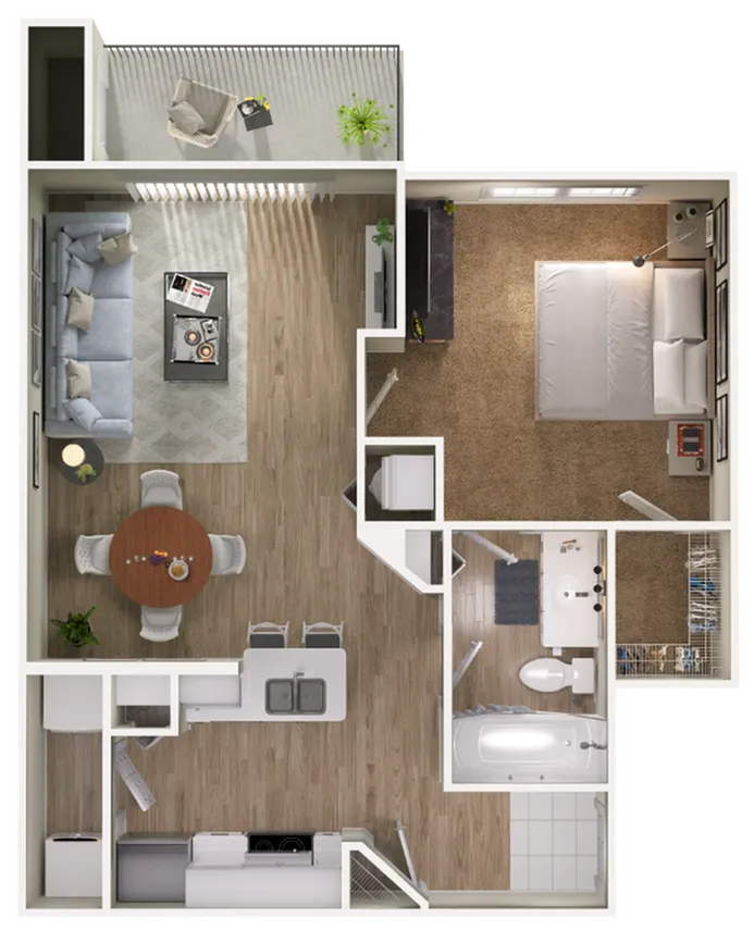 Contemporary floor plan illustrating a 1-bedroom apartment with open living space and modern kitchen.