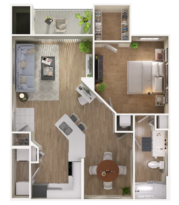 Chic floor plan displaying 1 bedroom, open kitchen, and a cozy living area with balcony.