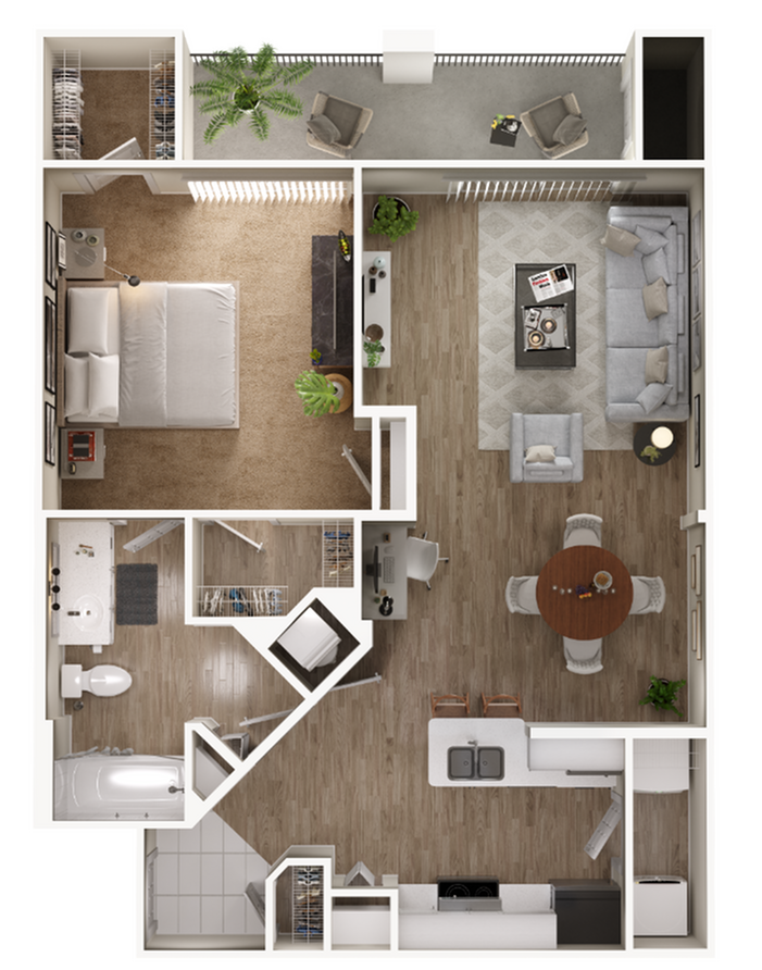 Contemporary floor plan showcasing a spacious bedroom, open-plan living area, and modern kitchen.