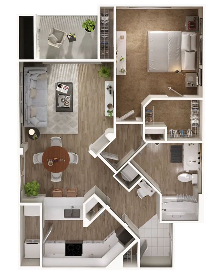 Modern 2D floor plan with 1 bedroom, open kitchen, dining area, and bright living room.