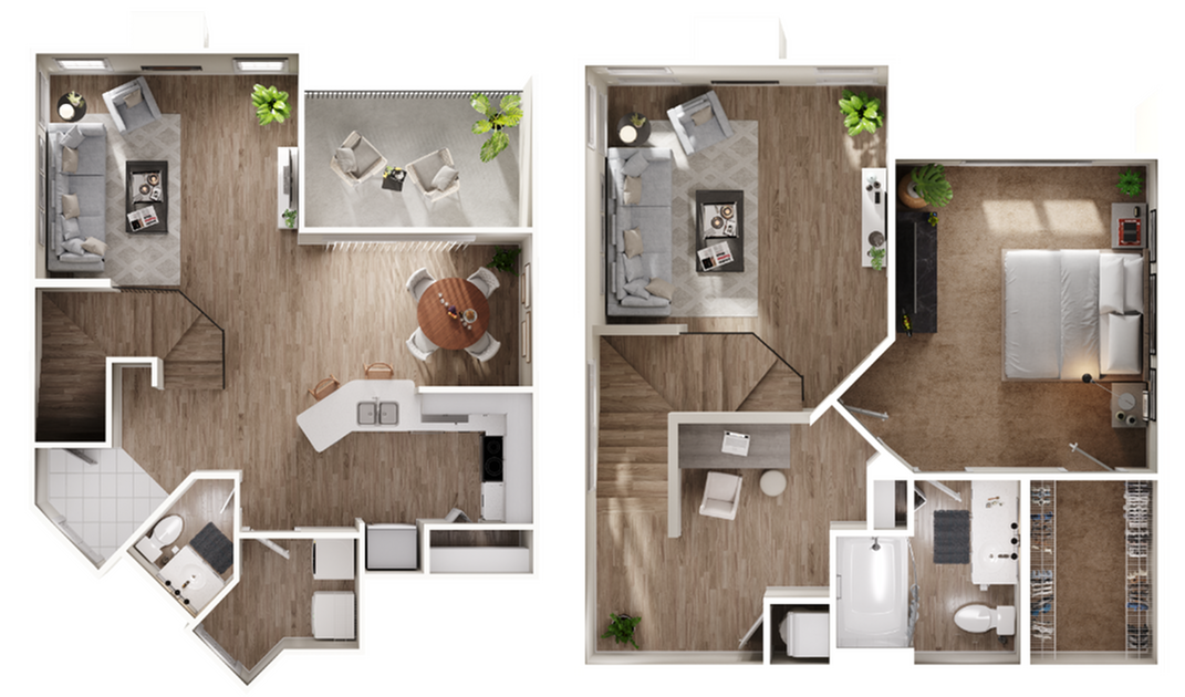 Modern two-story floor plan featuring a spacious living room, dining area, kitchen, and bedroom with private balcony.