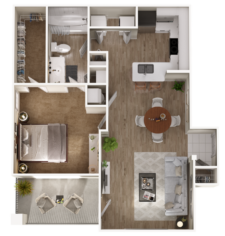 Contemporary 2D floor plan showcasing a spacious 1-bedroom layout with an open kitchen, modern bathroom, cozy living area, and balcony.