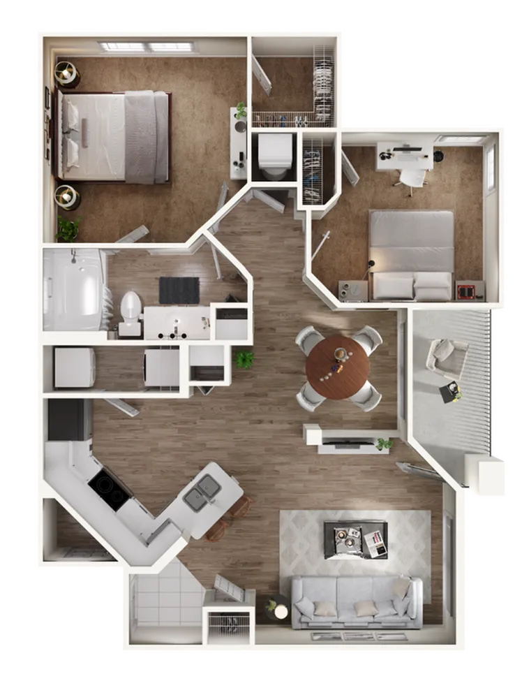 3D floor plan featuring 1 bedroom, home office, open-concept kitchen, and living room with dining area.
