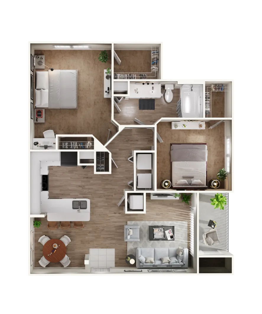 Sophisticated floor plan featuring 2 bedrooms, an open kitchen, a cozy living room, and a spacious bathroom.