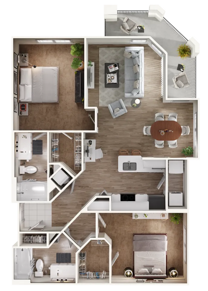 Stylish floor plan showcasing two bedrooms, spacious living and dining areas, modern kitchen, and balcony.
