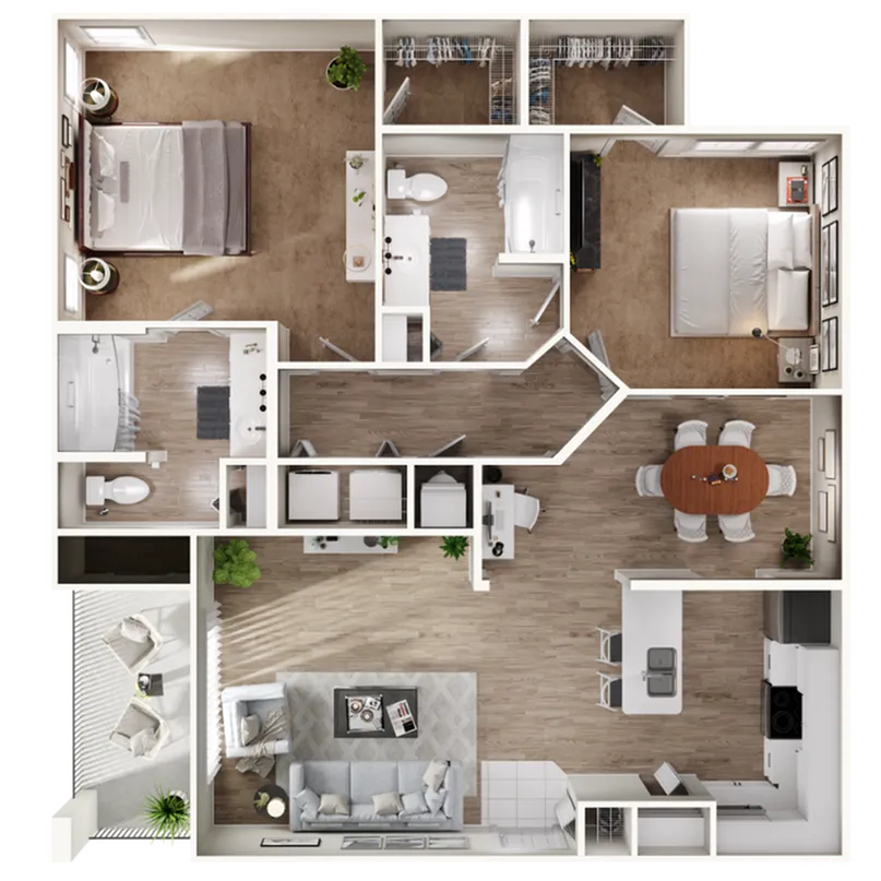 Sophisticated 2-bedroom apartment floor plan with an open living room, modern kitchen, and spacious dining area.