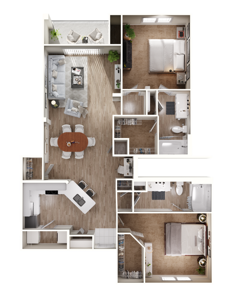 Contemporary 2D floor plan featuring 2 bedrooms, an open living and dining area, and a modern kitchen.
