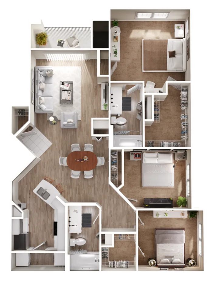 Elegant floor plan featuring 3 bedrooms, open living area, and a modern kitchen.