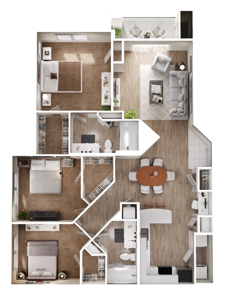 Innovative floor plan with 3 bedrooms, open living area, and modern kitchen with dining space.